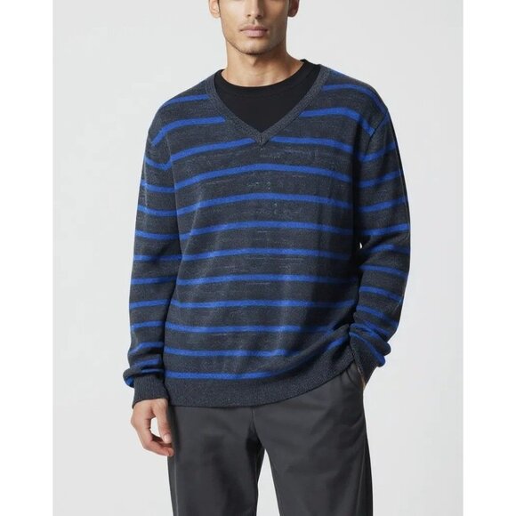 Gap Mens Large V-Neck Sweater Black & Blue Striped Cotton Blend 23Wx27L - Picture 1 of 5